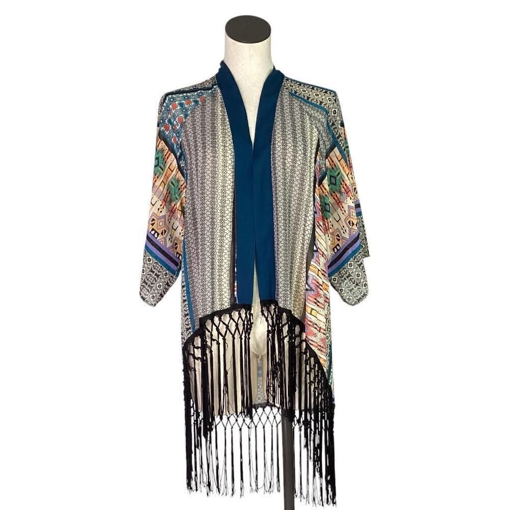 Flying Tomato Kimono Duster Women S Multicolor Aztec Western Fringe Boho Coverup